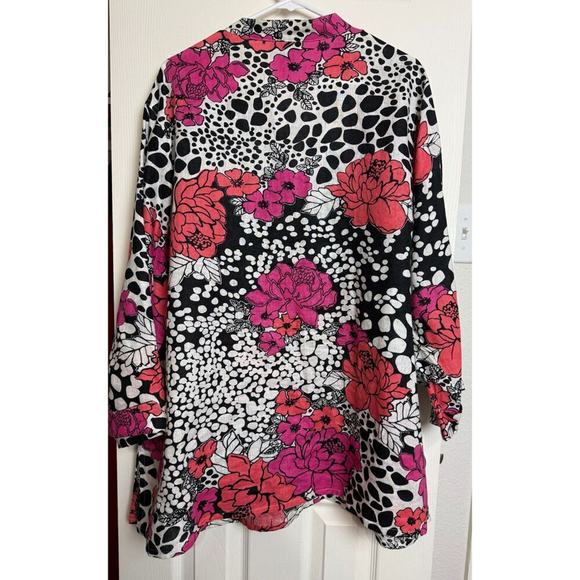 Vintage Linen Top Plus Size 3X Floral Bright Pink Button Up Shirt‎ Carole Little - Picture 4 of 7